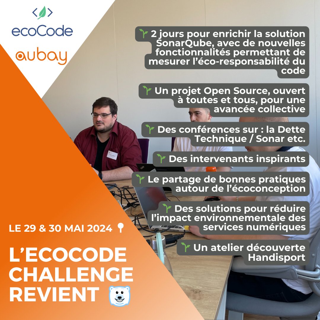 groupeaubay's tweet image. La 3è édition du Challenge #EcoCode arrive les 29 &amp;amp; 30 mai prochains! Aubay participe à cette édition 2024 en tant que partenaire. 
Nos développeurs Aubay mettront leurs connaissances au profit de l’intelligence collective afin de co-construire des services numériques éco-conçus
