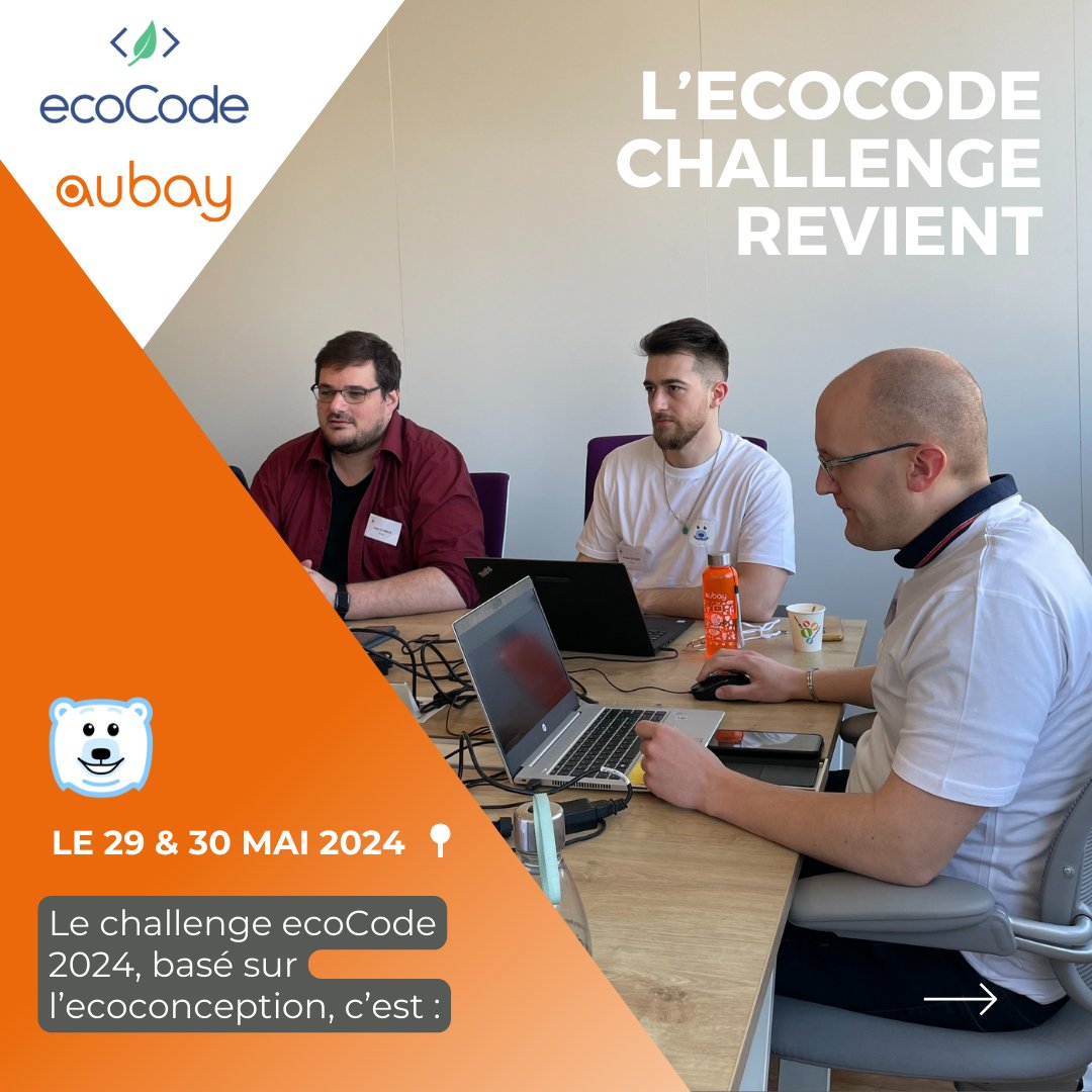 groupeaubay's tweet image. La 3è édition du Challenge #EcoCode arrive les 29 &amp;amp; 30 mai prochains! Aubay participe à cette édition 2024 en tant que partenaire. 
Nos développeurs Aubay mettront leurs connaissances au profit de l’intelligence collective afin de co-construire des services numériques éco-conçus
