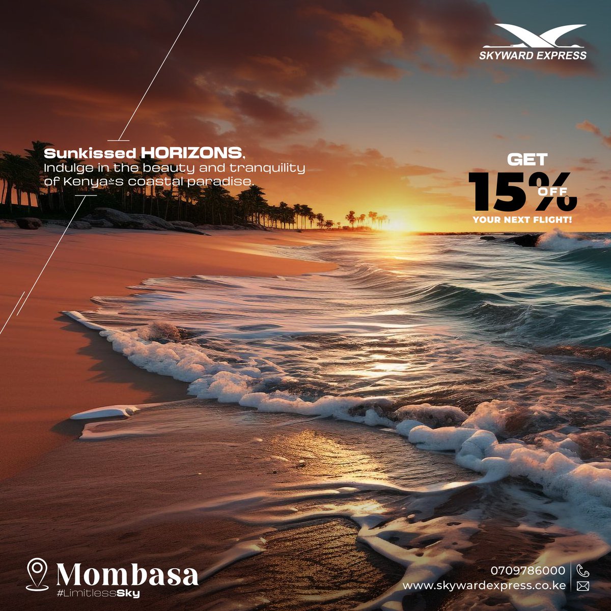 Embrace the rhythm of the waves and the enchantment of Mombasa's coastal charm. Book your flight now at skywardexpress.co.ke and enjoy 15% off your next flight.
#mombasaraha #travel  #coastalescape #flyskywardexpress #limitlesssky