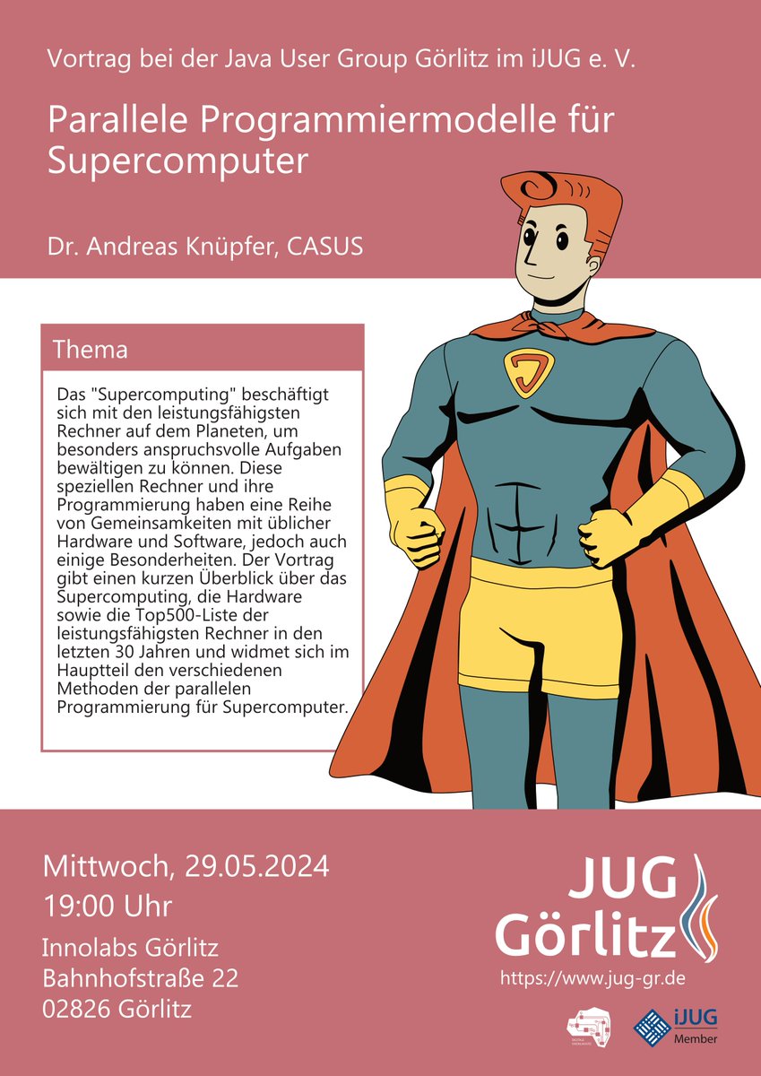 Am 29. Mai 2024, 19 Uhr freuen wir uns euch zur nächsten #JUG einzuladen! Dieses Mal gibt es einen Vortrag von Dr. Andreas Knüpfer vom <a href="/CASUSscience/">Center for Advanced Systems Understanding at HZDR</a>  zum Thema "Parallele Programmiermodelle für Supercomputer"! Alle Infos gibt's hier: jug-gr.de/talks/2024-05-…