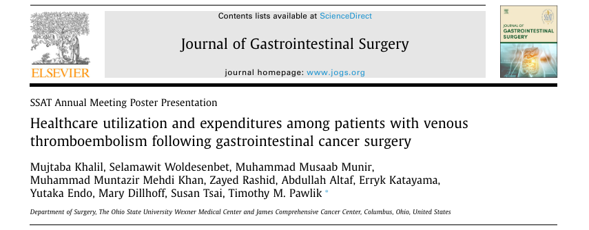 Mujtabakhalil's tweet image. Check out @OhioStateSurg team's work on #VTE, which will be presented at @SSATNews this weekend.
We explored the #healthcare #utilization and #expenditures among patients with #VTE after #cancer #surgery.
Link: authors.elsevier.com/c/1j6GQ,Op-461…
@timpawlik @DDWMeeting @JournalofGISurg