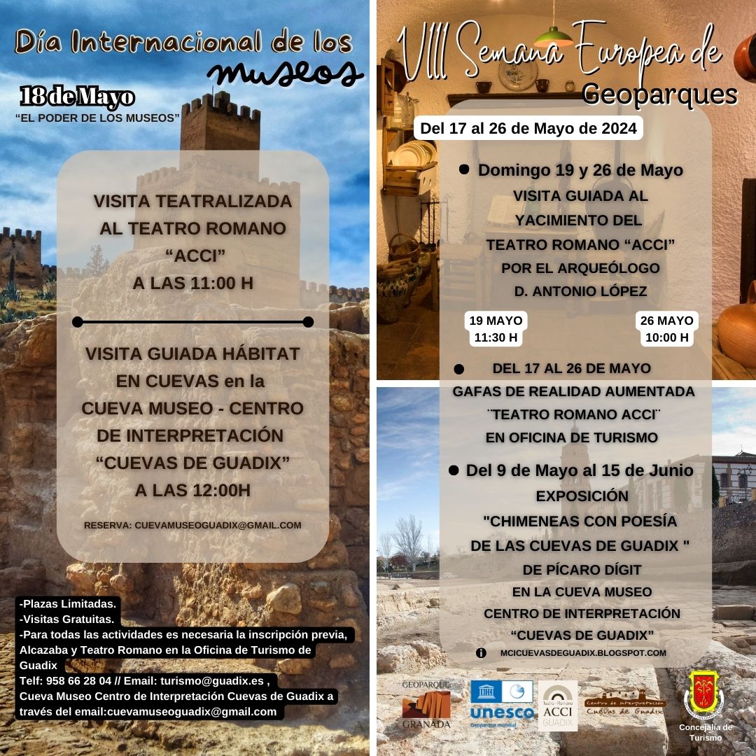 Para que vayas planificando tu fin de semana y más allá... Propuestas de la Oficina de Turismo de Guadix para Día de los #Museos y semana de #Geoparques europeos.