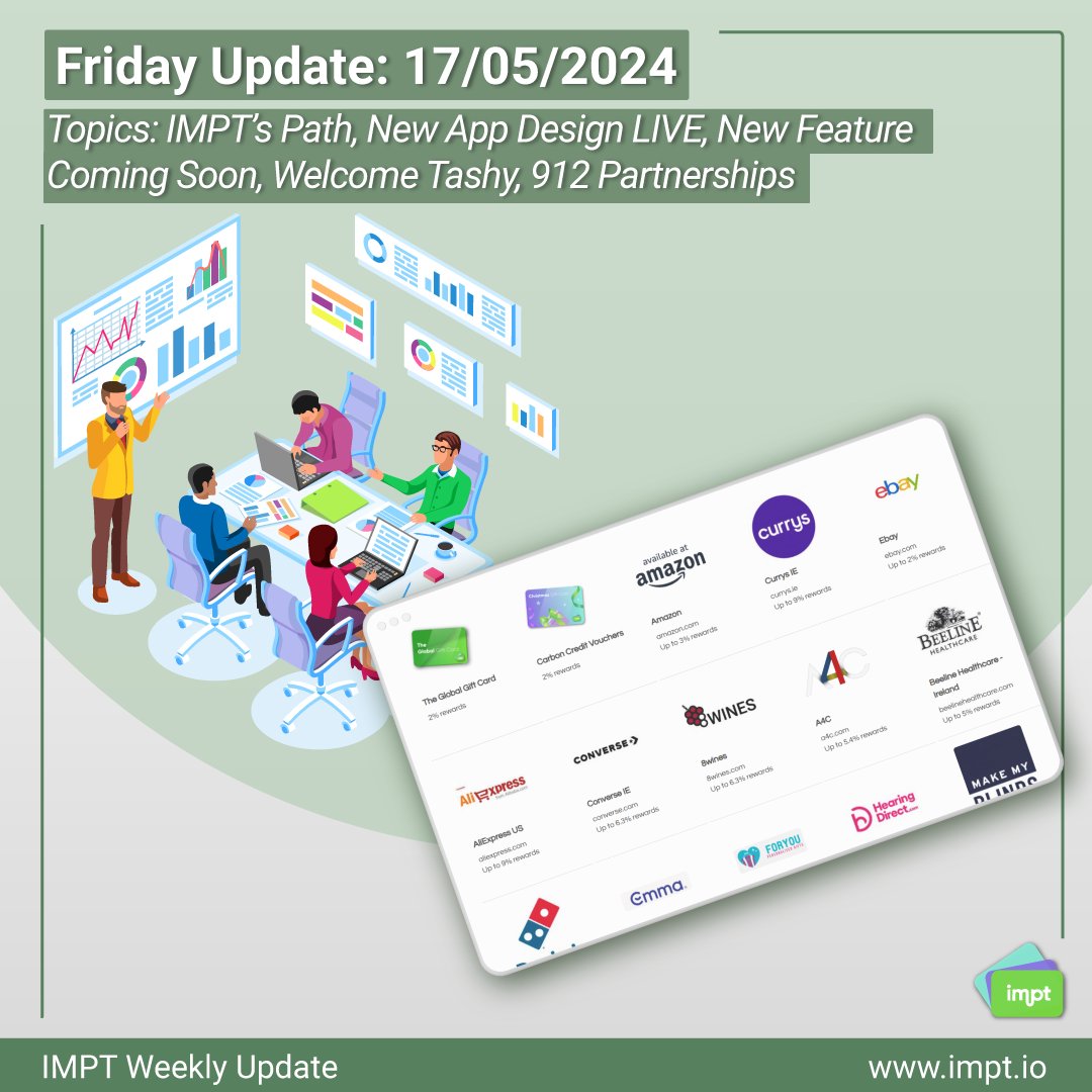 IMPT_token's tweet photo. IMPT Weekly Update - May 17th, 2024: Driving Forward to a Greener Future!
IMPT's Path: IMPT's Latest Missions and Infinite Opportunities! #IMPTupdate #sustainability #appupdate #ScanAReceipt #brandpartnerships #marketingdirector #JVupdate #IMPTburn #websiteenhancements #IMPT