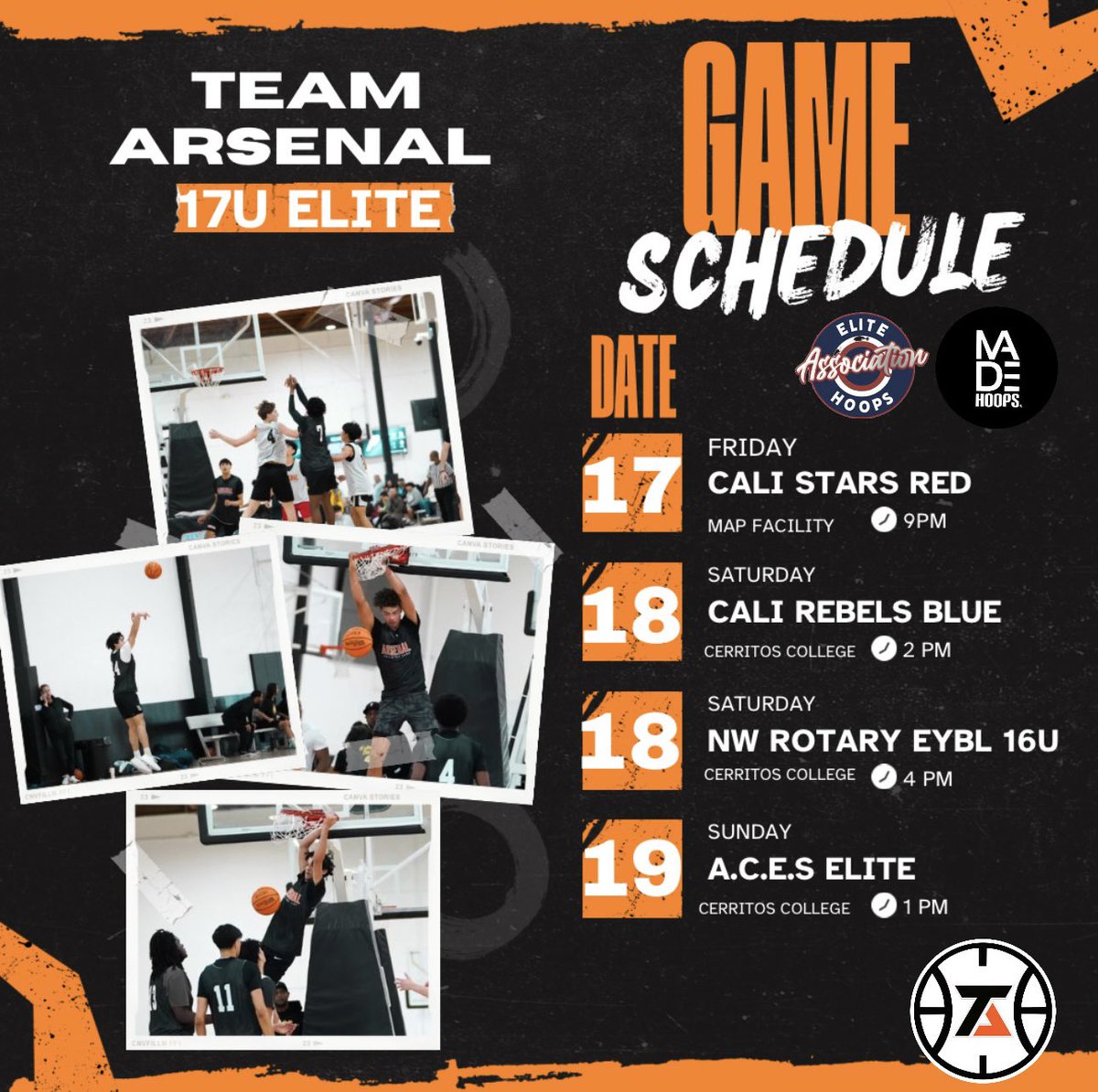 ArsenalAAU's tweet image. Team Arsenal 17u Elite Schedule &amp;amp; Roster for @EHACircuit x @madehoops Cali Live spring showcase ! #ThatFamily
