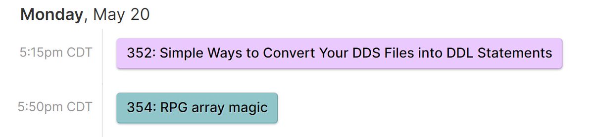 #PowerUp2024
In an hour I have back-to-back short presentations about convert DDS to DDL (352) & then all the cool new stuff you can do with arrays in #IBMiRPG (354). 
352: sched.co/1XqLd
354: sched.co/1XqLj
#IBMi #rpgpgm #IBMChampion