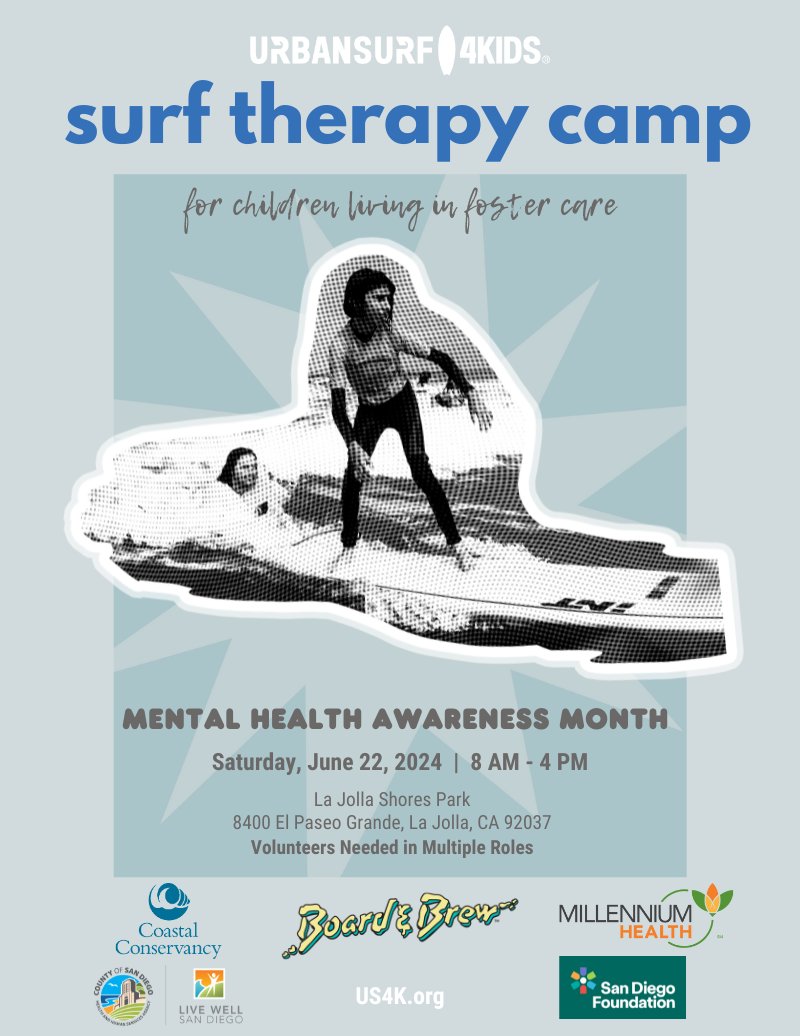 Registration is open for volunteers and caregivers for our June 22 Surf Therapy Camp. Millennium Health will be onsite to educate on fentanyl awareness in honor of Mental Health Awareness Month. urbansurf4kids.org/our-events/