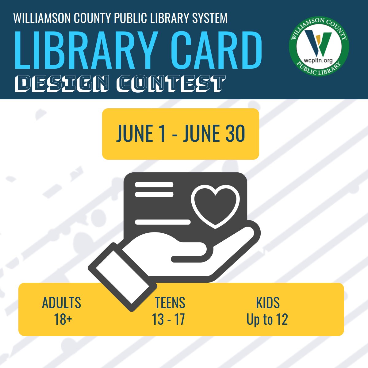 Williamson County Public Library (@wcpltn) on Twitter photo We are hosting our first-ever Library Card Design contest. There are three categories based on age groups. The design theme is Adventure Awaits at Your Library. You can find the Official Rules and enter your designs on wcpltn.org! <a href="/WilliamsonTN/">Williamson County TN</a> <a href="/wherald/">Williamson Herald</a> We are hosting our first-ever Library Card Design contest. There are three categories based on age groups. The design theme is Adventure Awaits at Your Library. You can find the Official Rules and enter your designs on wcpltn.org! <a href="/WilliamsonTN/">Williamson County TN</a> <a href="/wherald/">Williamson Herald</a>