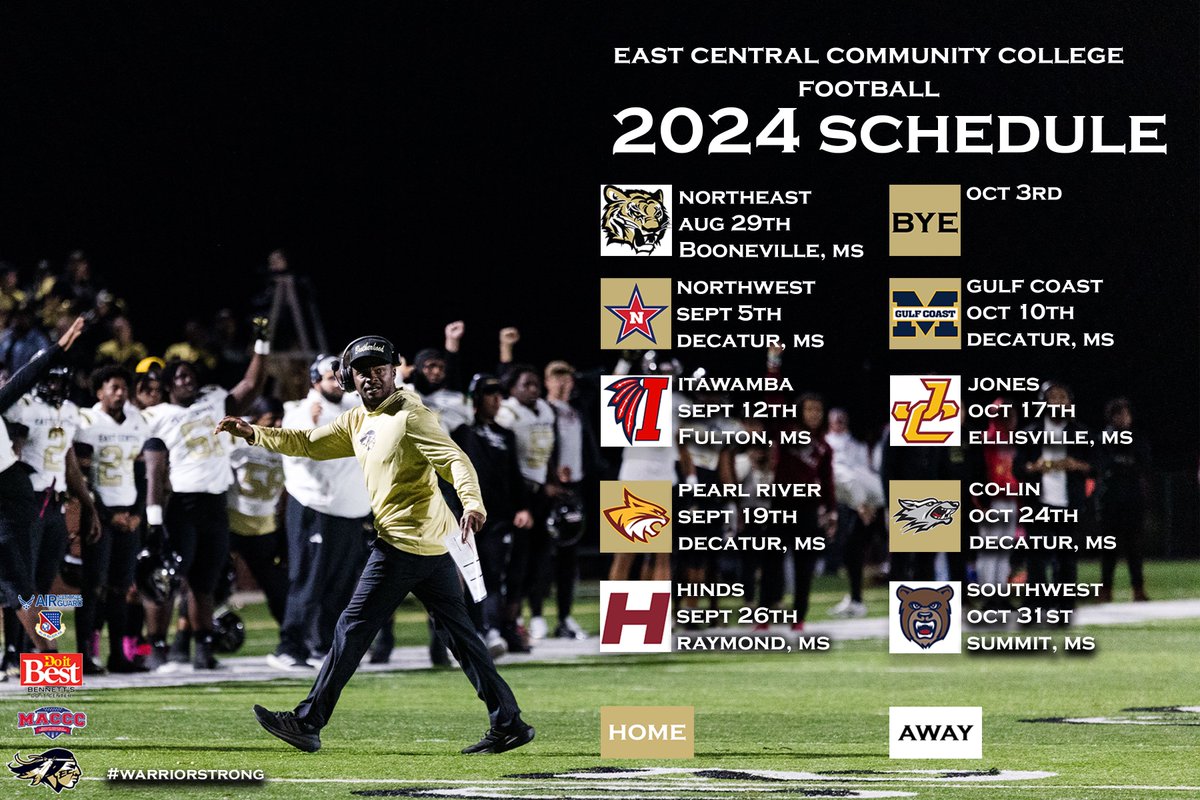 The 2024 Football schedule has been released for the Warriors! 

📰 : ecccathletics.com/sports/fball/2…

#WarriorStrong