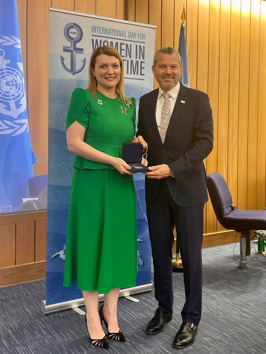 As we conclude our symposium ahead of #WomenInMaritimeDay Despina Panayiotou Theodosiou (Cyprus) receives the first IMO Gender Equality Award for her work with @WISTAInt and for her pivotal and leading role in advancing #GenderDiversity in the maritime sector.