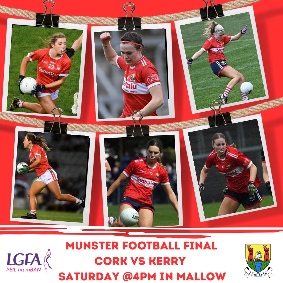 Best of luck to Rachel, Hannah, Abigail, Sarah, Kaitlin, Aoife &amp; Tomás with the Cork Senior Footballers in their Munster Final Vs Kerry in Mallow tomorrow, Saturday at 4pm. 

Up the Rebels!!! 🔴⚪️🔴⚪️

<a href="/CorkLGFA/">Cork LGFA</a> <a href="/MunsterLGFA/">Munster LGFA</a>