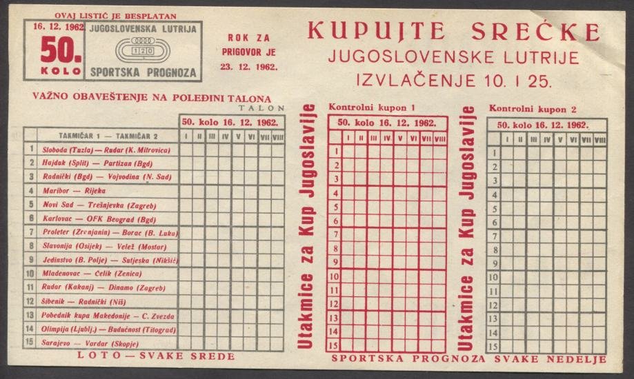 Zatim je krenulo dosta ozbiljnije 🙄🤔⚽️:⚽️
Tiket sportske prognoze 23.12. 1962.