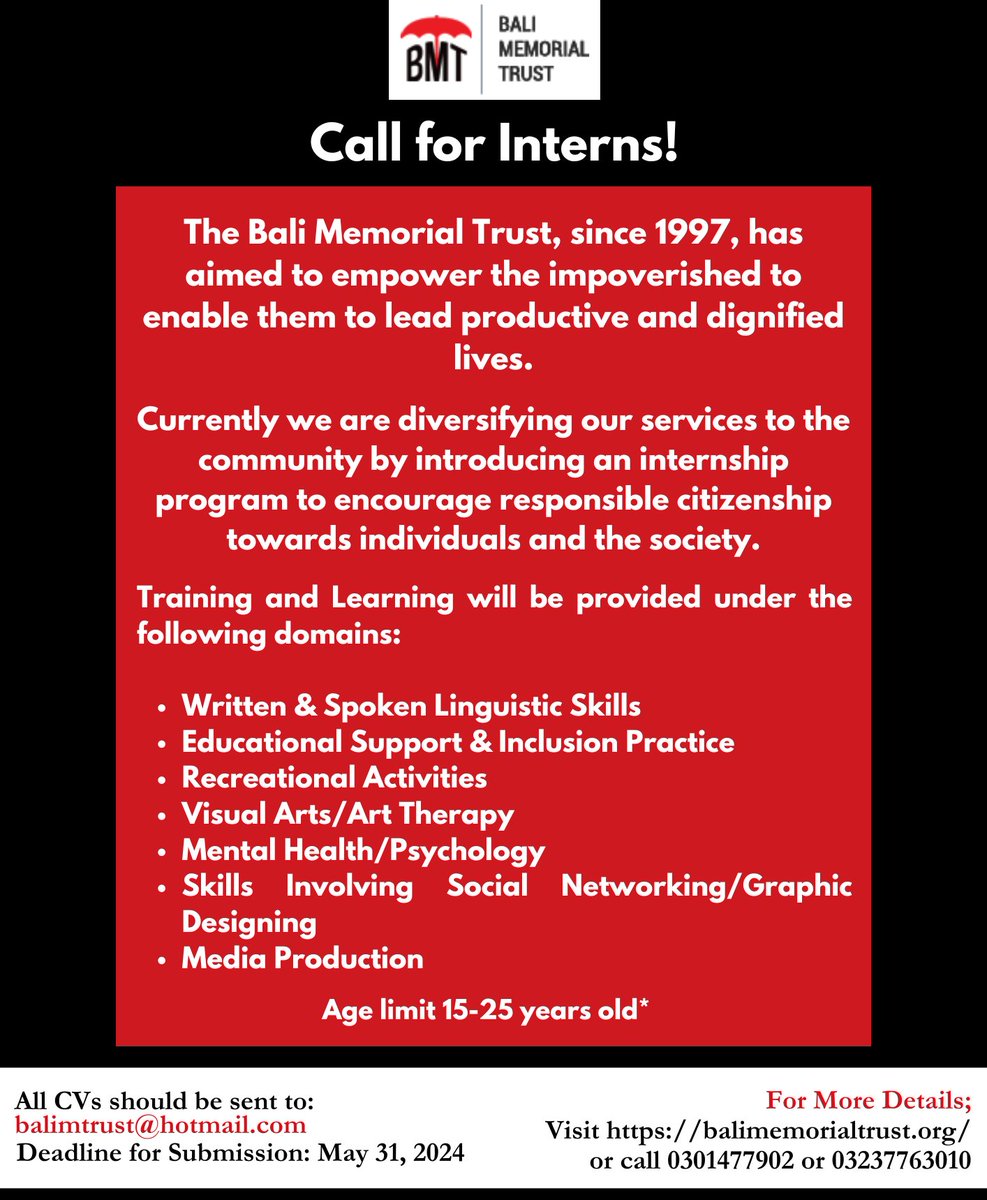 To apply for an internship with BMT, click on the link given below and fill out the form. 

docs.google.com/forms/d/e/1FAI…

We will be contacting the short listed candidates only by the first week of June.
Thank you for your interest in interning with us!