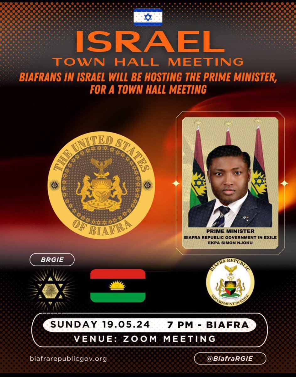 Please Join us as; Biafrans in Israel Welcomes Biafra P.M. His Excellency Simon Ekpa Date: Sunday May 19, 2024 Time: 07:00 PM Biafra Time Join Zoom Meeting us02web.zoom.us/j/84038811232?… Meeting ID: 840 3881 1232 Passcode: 595390 --- One tap mobile