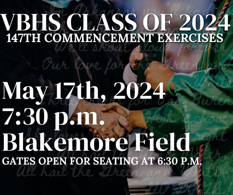It’s Graduation Day for the Class of 2024! 🐾 VBHS Class of 2024 147th Commencement Exercises May 17th, 2024 7:30 p.m. Blakemore Field The livestream link for graduation will go live at 7:30 p.m.! LIVESTREAM LINK: youtube.com/live/-R5edRP_j… The gates will open at 6:30 p.m. for