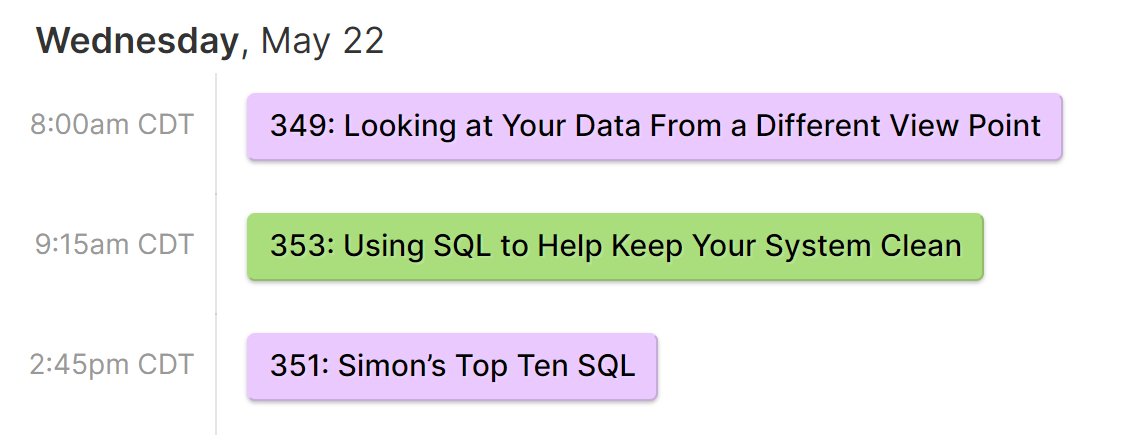 #PowerUp2024
I start in an hour. Learn why using #SQL views makes your life easier (349), keep your system clean (353), & then my favorite #SQL bits-n-pieces (351).
349: sched.co/1XqLU
353: sched.co/1XqLg
351: sched.co/1XqLa
#IBMi #rpgpgm #IBMChampion