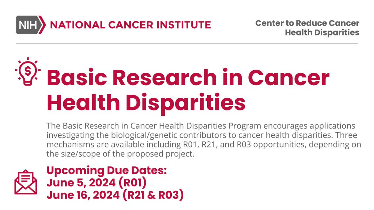 Did you know? @theNCI Basic Research in Cancer Heath Disparities Program includes an R03 funding opportunity. R03 awards are designed to support projects that can be carried out in a short period of time with limited resources. Apply by 6/16/24! cancer.gov/about-nci/orga…