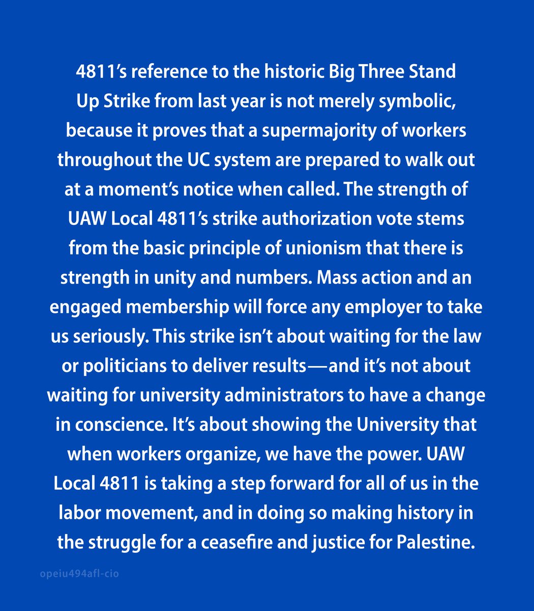 We stand in solidarity with the members of @uaw_4811 who have authorized their union to call for a strike in response to unprecedented attacks on workers' rights to free speech. This is a step forward for all of us in the labor movement and the struggle for justice in Palestine.