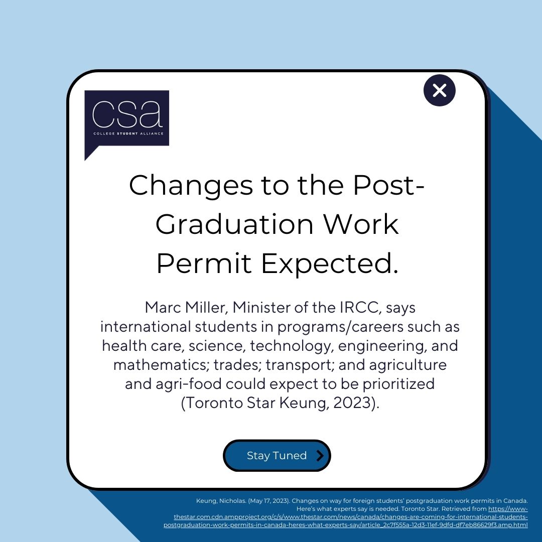 🎓👷📄 Changes to the Post-Graduation Work Permit (PGWP) are expected to be announced soon. Read the Toronto Star article by Nicholas Keung linked below for more information, and as always, stay tuned for updates from CSA!  

thestar.com/news/canada/ch…