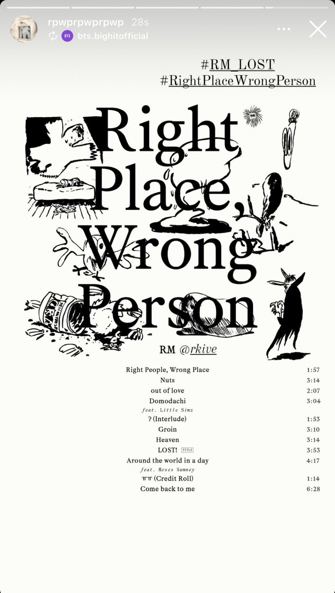 [240518 rpwprpwprpwp Instagram Story] 🐨 #RM_LOST #RightPlaceWrongPerson