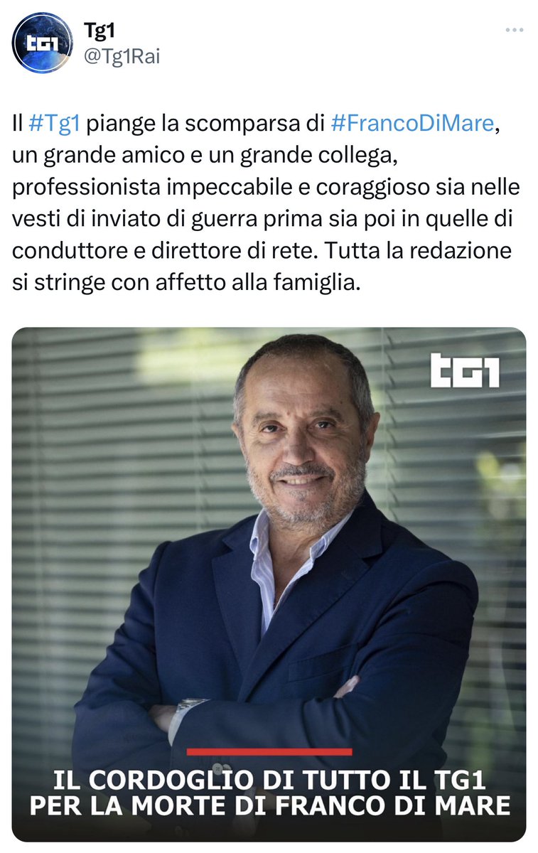 Il cordoglio della Rai e del TG1 per la scomparsa di Franco Di Mare