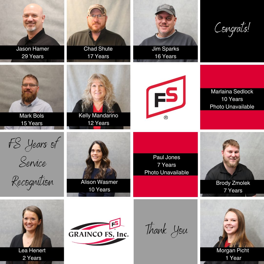 We have 11 employees celebrating an FS Years of Service Recognition this month! The FS System and GRAINCO FS are fortunate to have you part of the team. Thank you for your dedication, loyalty, and contributions. Congrats on your work anniversary!

#workanniversary