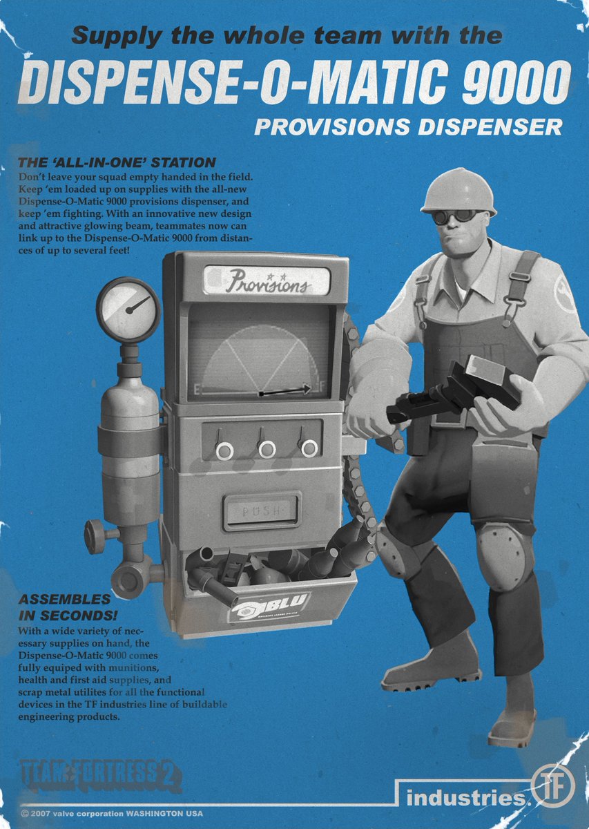 TF2DevTrivia's tweet image. Although the Engineer's dispenser is commonly believed to be based on an old-fashioned cigarette vending machine, its design is more directly inspired by that of a Tokheim 452 gas pump.