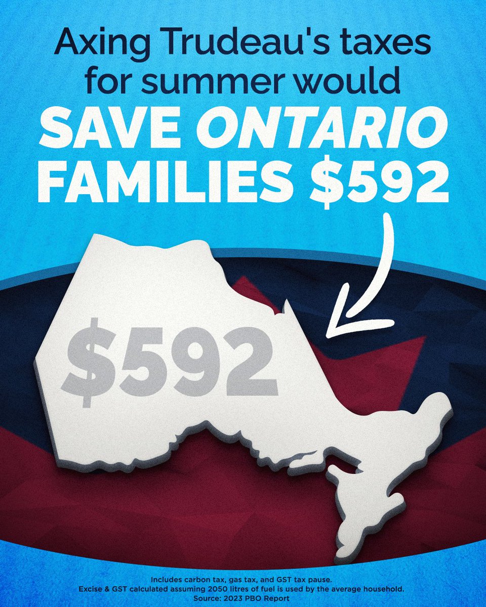 Common Sense Conservatives are calling on Trudeau to give Canadians a break this summer by axing the carbon tax, the gas tax, and the GST between Victoria Day and Labour Day.

This will save Ontarians $592 this summer.

Give Canadians a break Trudeau!
#axethetax