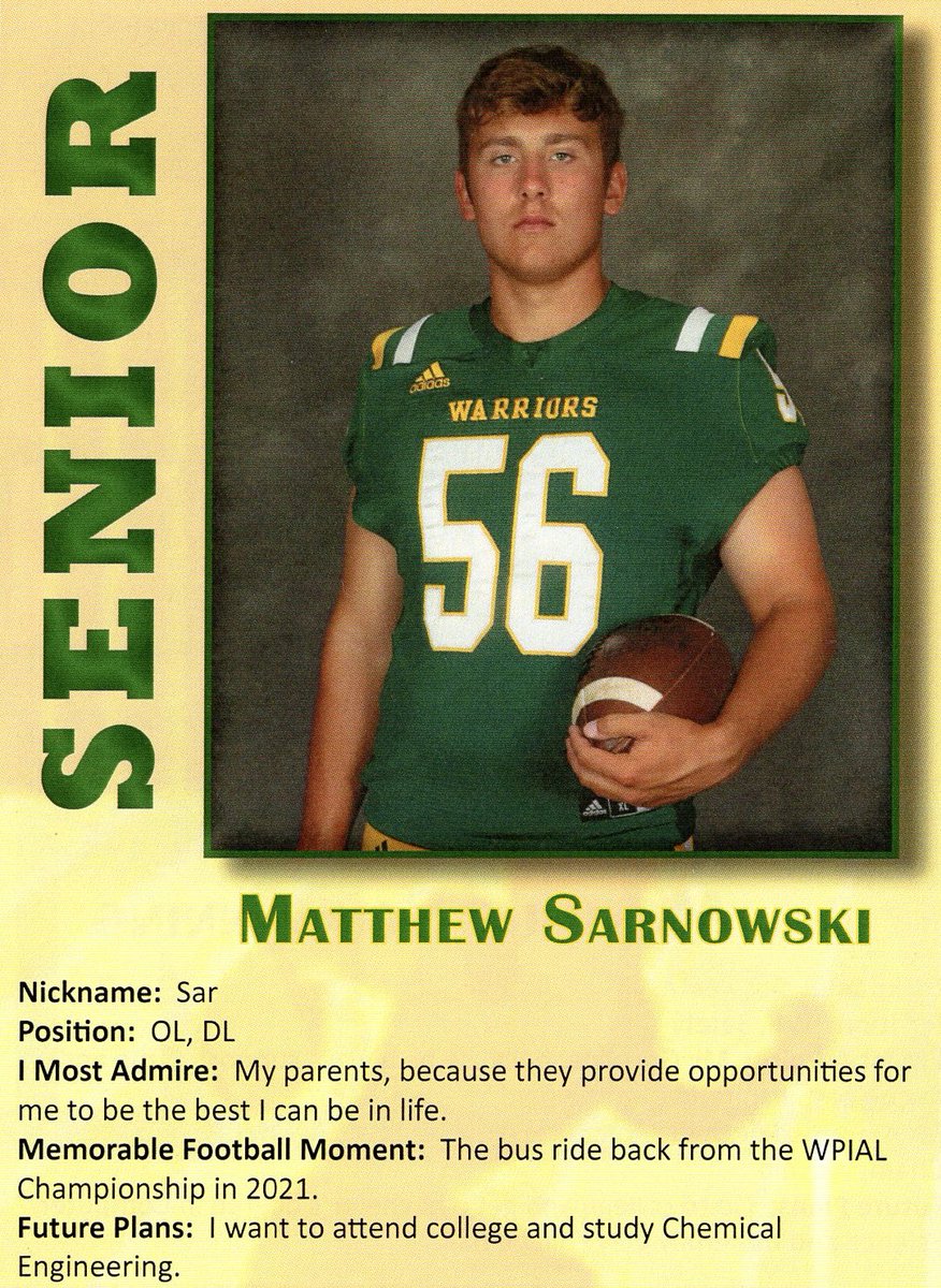 Rush Pedder (@rushpedder) on Twitter photo SENIOR SPOTLIGHT
<a href="/mattsarnowski56/">Matthew Sarnowski</a>, State Champion
Penn-Trafford High School
Class of 2024
<a href="/ptwarriorfb/">PennTraffordFootball</a> SENIOR SPOTLIGHT
<a href="/mattsarnowski56/">Matthew Sarnowski</a>, State Champion
Penn-Trafford High School
Class of 2024
<a href="/ptwarriorfb/">PennTraffordFootball</a>
