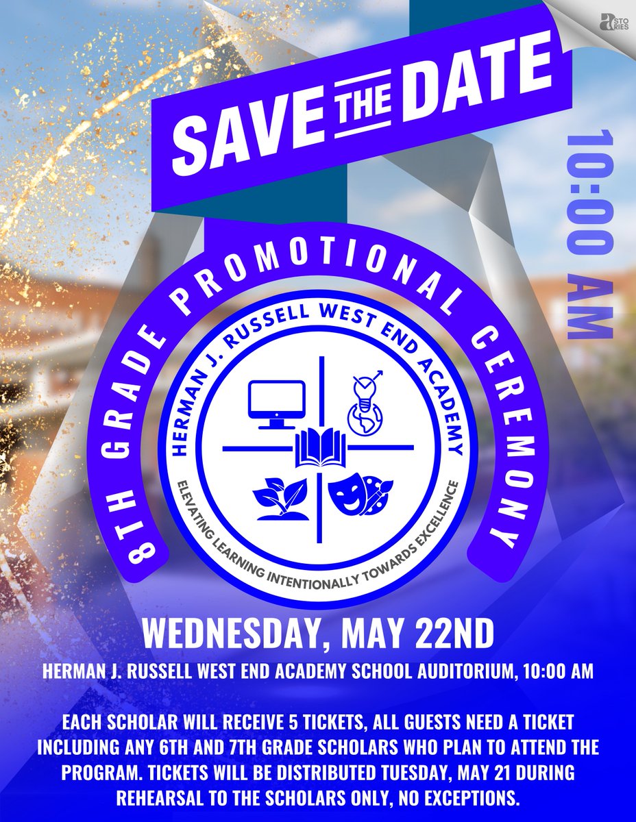 8th Grade Promotional Ceremony: Each student will receive 5 tickets. All guests, including 6th and 7th-grade students attending the program, will need a ticket. Tickets will be distributed to the students only during the rehearsal on Tuesday, May 21.