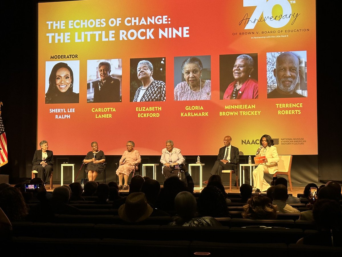 Powerful panel of Little Rock Nine moderated by @thesherylralph, as they talk about their lived experience as students trying to attend their desegregated school surrounded by so much hate & racism, yet they resisted and persevered. #BrownvBoard