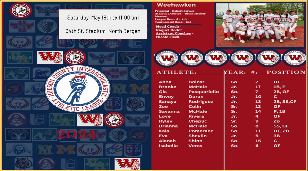 Come cheer our Softball team on tomorrow in the Hudson County Championship @ 11:00 AM at the 64th Street Stadium in North Bergen.