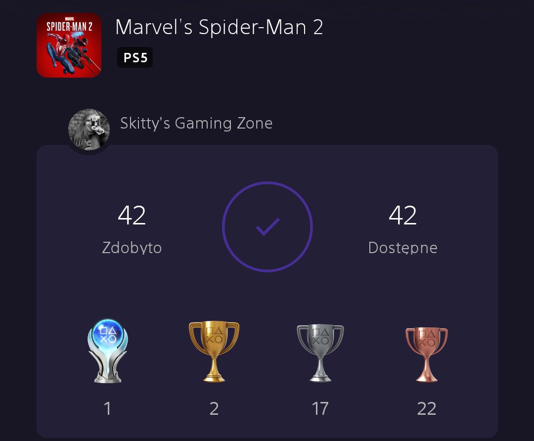 I cyk, Pająk 2 jako dziesiąta platynka na koncie. 🥰🏆😎 Giereczka szalenie przyjemna, a sama fabuła... no mnie kupiła. ❤️ Czekam na więcej. 😍
#playstation5 #spiderman2