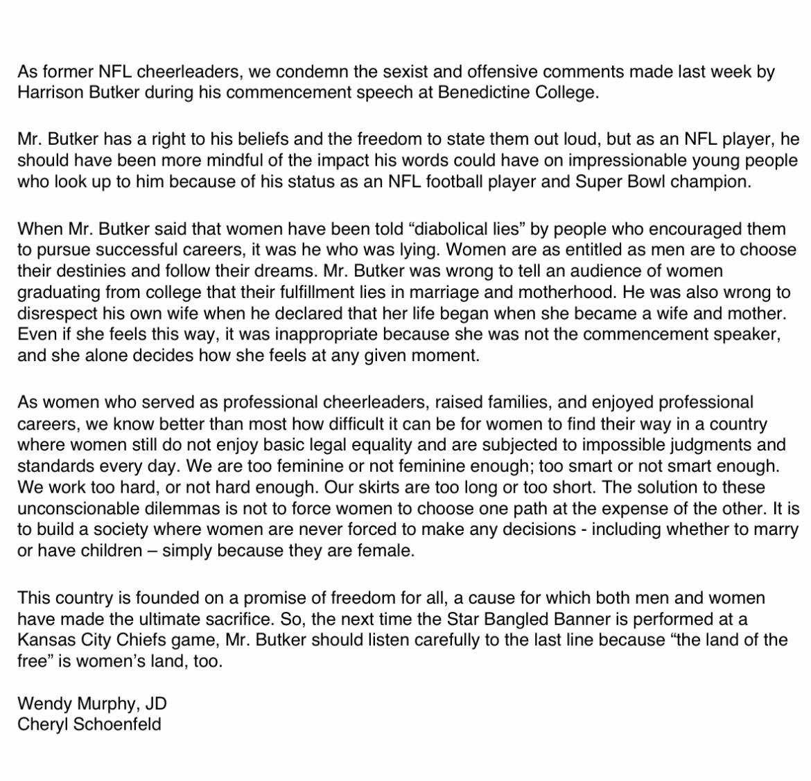 I hope all former & current @NFLCheerAlumni @NFCheerleaders will join me & my colleagues in supporting this letter condemning #HarrisonButker’s recent commencement speech.