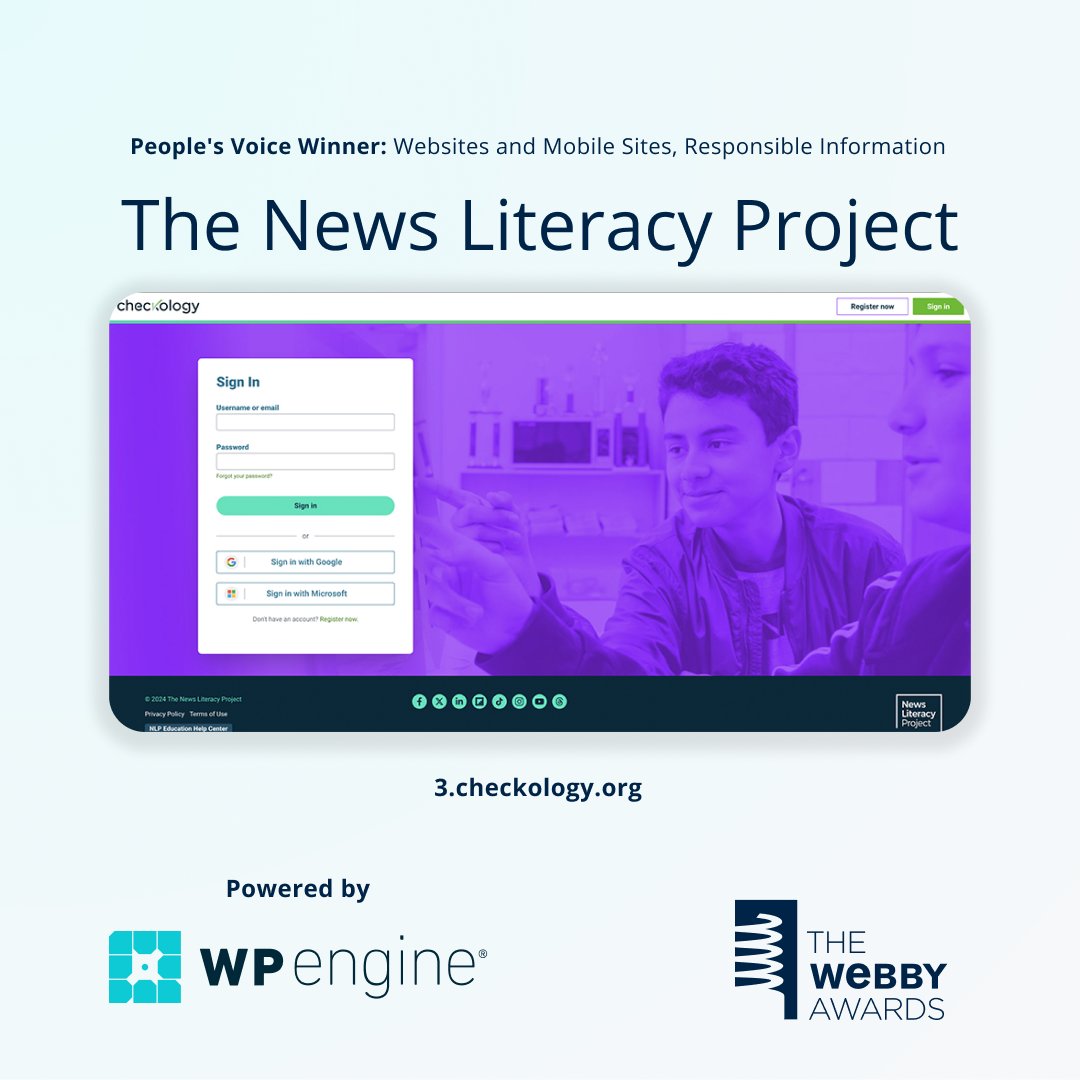 Congratulations to @NewsLitProject and Checkology for winning the Webby People’s Voice Award for Responsible Information! We’re proud to share that this site is powered by #WordPress and WP Engine. Check out the winning project: wpeng.in/61405e/