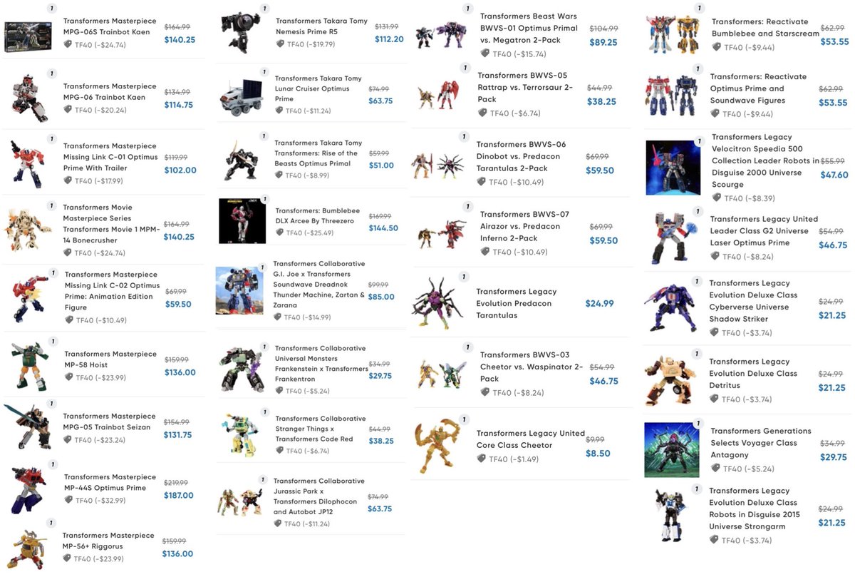 🤖   HasbroPulse  Dealz   🤖 

Limited time promotion on select in-stock TRANSFORMERS. 

15% OFF  w/ code:  TF40

Does NOT stack with Preorder or Outlet items. I put together a list of most of the items that are included w/ this promotion. 

shorturl.at/WHrBZ