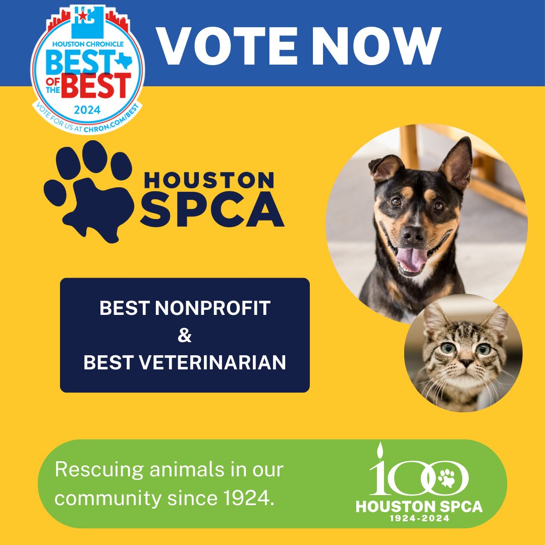 10 Days Left! We need our community of supporters to help VOTE us as THE BEST OF THE BEST in Houston! We are a top 5 Finalist in BOTH Categories BEST NONPROFIT and BEST VETERINARIAN. You can vote once each day from now until May 27th! #BestOfHouston houstonspca.org/best-of-the-be…