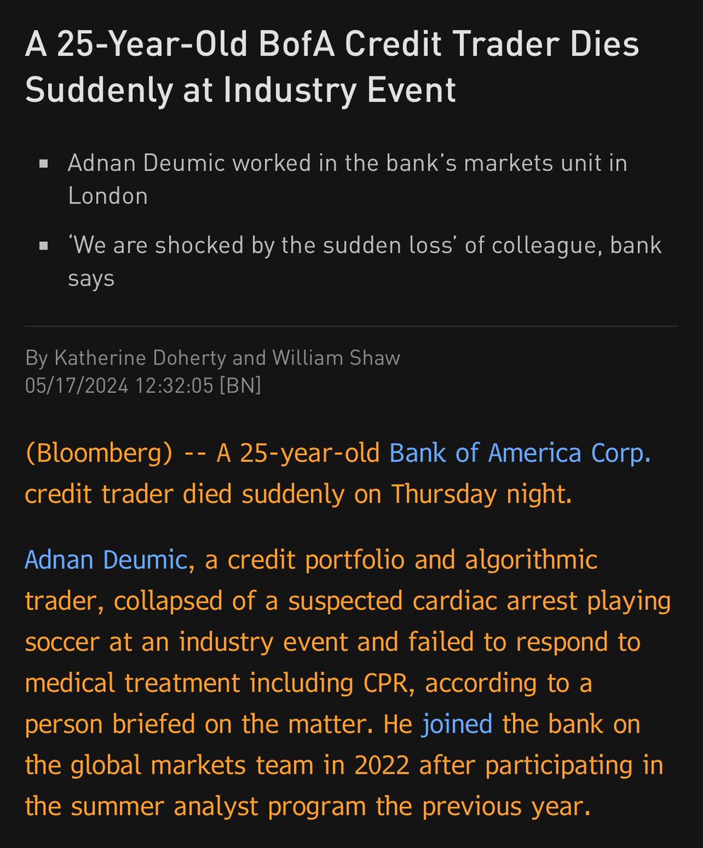A 25-year-old Bank of America credit trader died suddenly Thursday night. The death is the second in recent weeks involving a young employee in the firm’s Wall Street divisions. Leo Lukenas, an associate within the investment banking group in NY, passed away earlier this month.