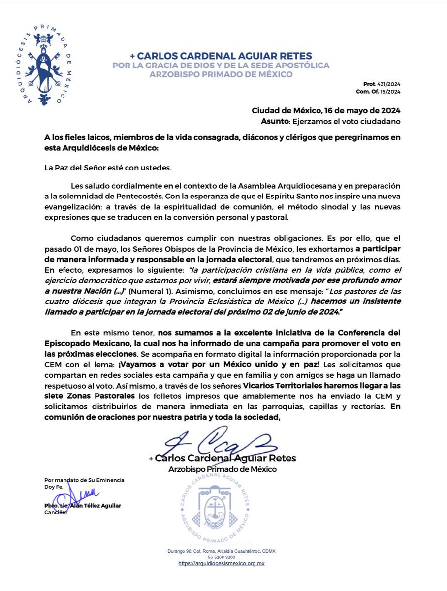 El arzobispo Carlos Aguiar Retes hace un “insistente llamado a participar en la jornada electoral del próximo 02 de junio de 2024” Vía @poloespejel