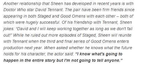 Michael about S3: “I know what's going to happen in the entire story but I'm not going to tell anyone.” #GoodOmens #GoodOmens3

walesonline.co.uk/whats-on/whats…