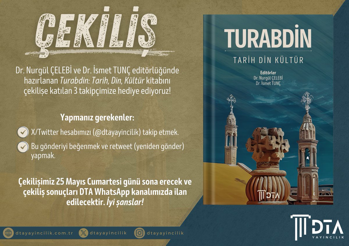 ÇEKİLİŞ!

Çekilişe katılmak için yapmanız gerekenler:
- X/Twitter hesabımızı (<a href="/dtayayincilik/">DTA Yayıncılık</a>) takip etmek.
- Bu gönderiyi beğenmek ve retweet (yeniden gönder) yapmak.

Çekiliş sonucu 25 Mayıs'ta WhatsApp kanalımızdan ilan edilecektir!
WhatsApp kanalımız:
whatsapp.com/channel/0029Va…