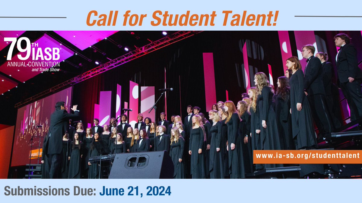 School districts, seize the spotlight at IASB’s 79th Annual Convention by showcasing your talented student performers at our Opening General Session on Nov. 21! 

Learn more and submit your student talent application today: ia-sb.org/studenttalent. 🎤🌟 #IASB79