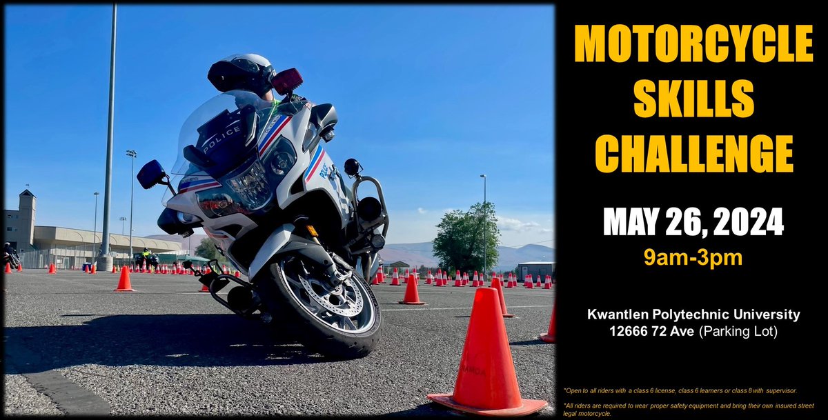 Surrey RCMP’s motorcycle riders will be at the Motorcycle Skills Challenge on May 26. Leading riders through an advanced skills course. We hope to see you there, and don’t forget your riding gear @icbc #NationalRoadSafetyWeek More Info: ow.ly/99MJ50RHShI