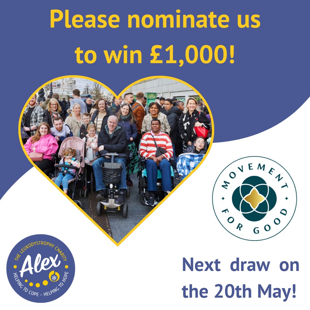 Please help us to win £1000 to fund our vital work, with Movement For Good ❤️ movementforgood.com/index.php?cn=1… The next draw is on Monday 20th May. #alextlc #helptocope #helptohope #leukodystrophy #movementforgood