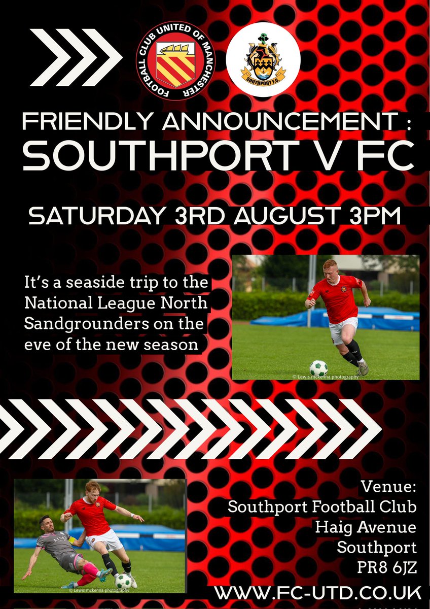 🆕 Friendly game v @southport_fc We travel to the seaside on the eve of the new season for a tough test against the NLN 'Sandgrounders', should be a top day out! 📅 Saturday 3th August 📍Haig Avenue, Southport Get it in the diary, full details to follow! 🟥🟥⬜⬛⬜🟥🟥