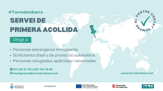 El servei de primera acollida de la Regidoria d’Acció Social i Igualtats #Torredembarra està dirigit a 👇🏼 ➡️ Persones estrangeres immigrades ➡️ Sol·licitants d’asil  ➡️ Persones refugiades, apàtrides i retornades 🕘 De 9 a 14 h  📱671 08 97 55   📧 immigracio@torredembarra.cat