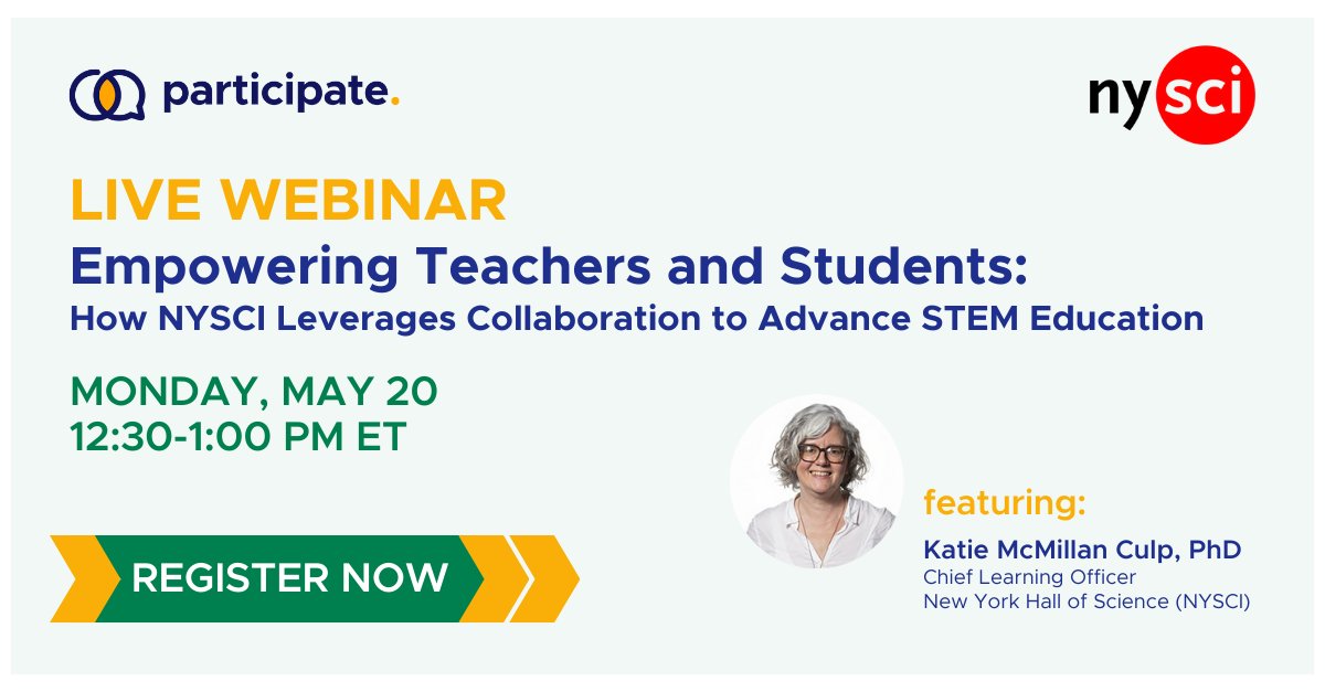 Learn how NYSCI leverages collaboration & innovative technology to advance STEM education during this free Webinar on Monday, May 20th, 12:30-1pm EST with NYSCI's Chief Learning Officer & @Participate: nysci.co/4dGiIH2