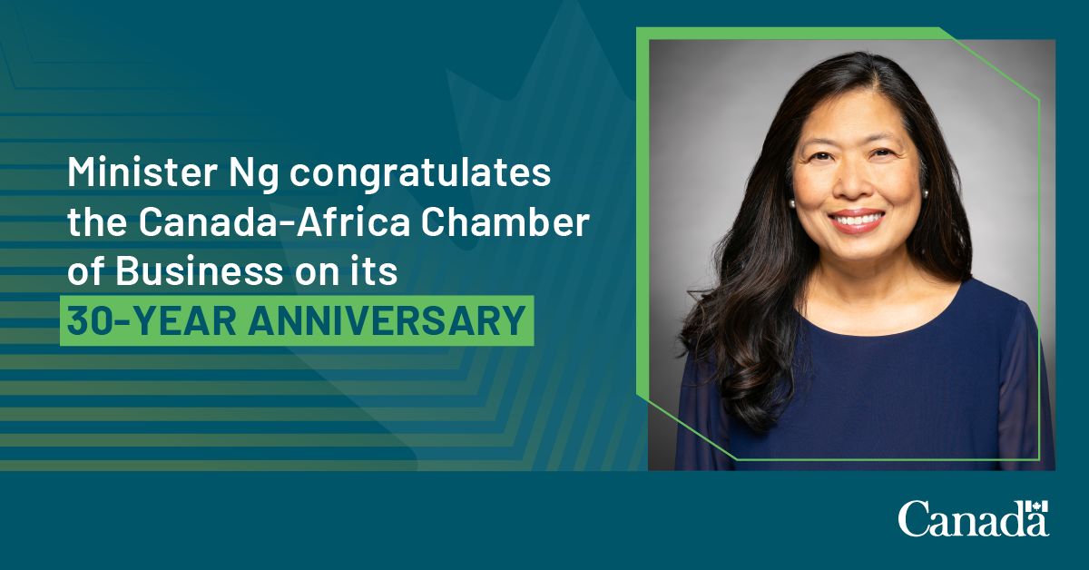 The Chamber warmly receives a congratulatory message from the Hon. Minister <a href="/mary_ng/">Mary Ng</a> , on its 30th anniversary  bit.ly/3K7ZGvO

Looking forward to welcoming her and others next week at our inaugural Canada-Africa Business Forum in Washington bit.ly/4bFCfW5