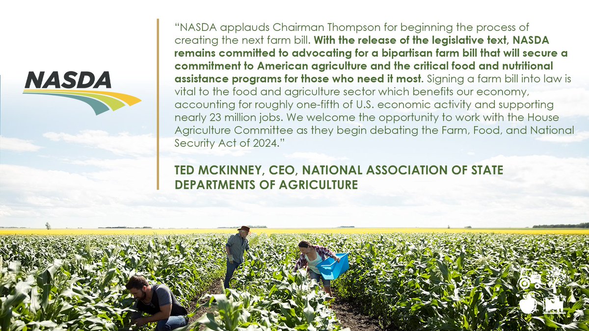 .@NASDAnews: 'With the release of the legislative text, NASDA remains committed to advocating for a bipartisan farm bill that will secure a commitment to American agriculture and the critical food and nutritional assistance programs for those who need it most.' #FarmBill