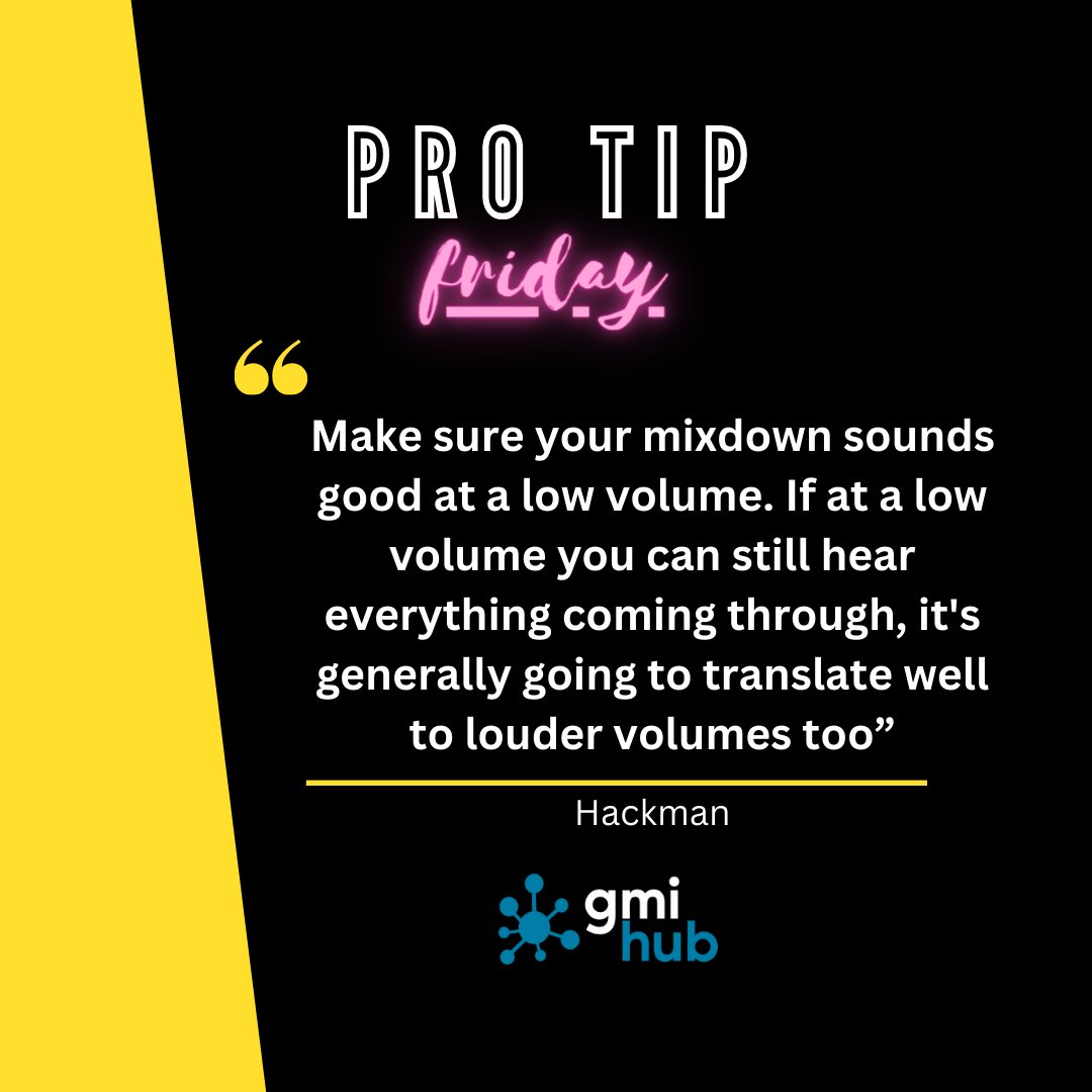 ProTip Friday from musicradar.com: Make sure your mixdown sounds good at a low volume. If at a low volume you can still hear everything coming through, it's generally going to translate well to louder volumes too. #protip #protipfriday #musicproduction #musician #gmihub