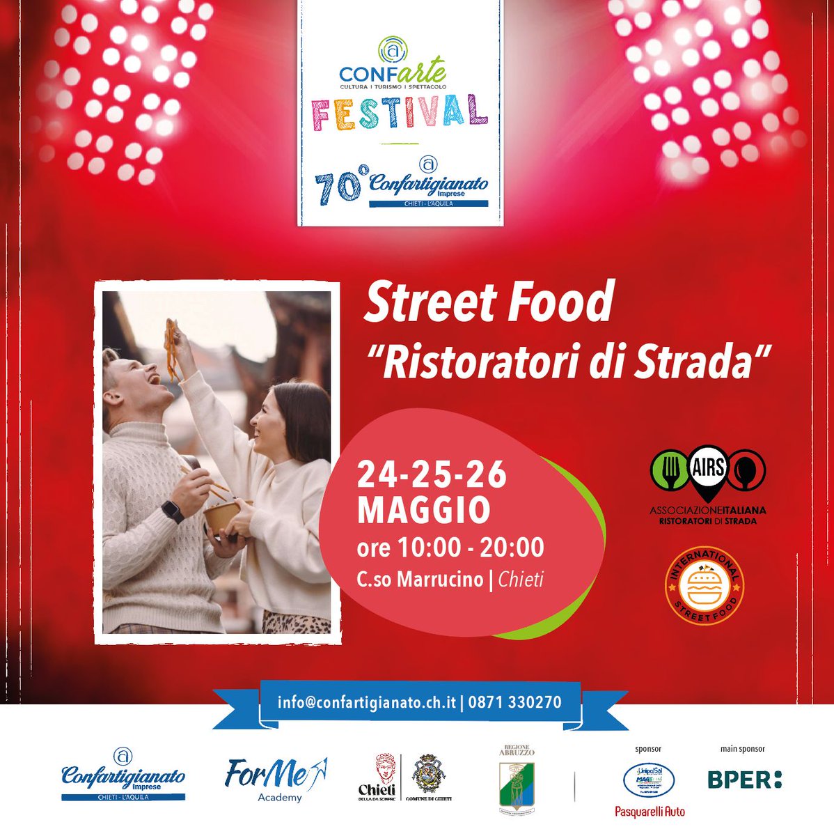 🥗🌮🥙🥖🍣 Un viaggio tra i sapori e le ambientazioni d’Italia e del mondo: per tre giorni Chieti ospiterà l’evento di street food “Ristoratori di strada”. 

📍 L’appuntamento è in corso Marrucino, dal 24 al 26 maggio, dalle ore 10:00 alle ore 20:00,

#ConfArteFestival